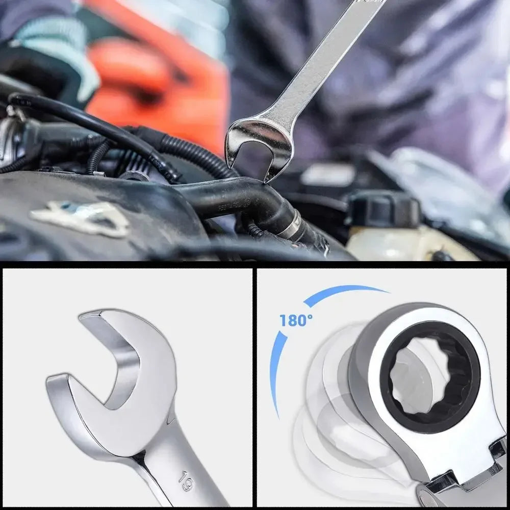 Clé plate avec un côté cliquet articulé et pivotable